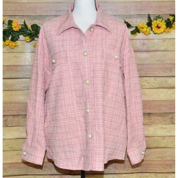 Andree By Unit Ladies Metallic Pink Tweed Shacket Button Front Jacket M Pockets - Picture 3 of 13
